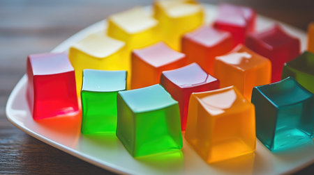 A high-angle shot of an assortment of jelly cubes in various bright colors, arranged neatly on a white plate, showcasing their glossy texture and appeal.の素材