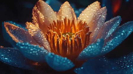 A close-up shot of a flower's center with water droplets delicately resting on its petals, capturing the intricate details and textures of nature's beautyの素材