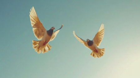Two graceful doves soar through a clear blue sky, their wings catching the sunlight. This serene image captures the essence of freedom and beauty in nature.の素材