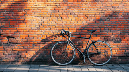 A sleek black bicycle rests against a vibrant red brick wall, casting a striking shadow. This image captures the essence of urban cycling and outdoor adventure.の素材