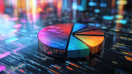 A detailed D pie chart with metallic slices in various colors, symbolizing data distribution in a high-tech environment, set against a futuristic digital background.の素材