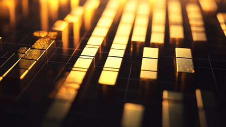 A stunning golden abstract graphic featuring vertical bars bathed in warm lighting. This image evokes feelings of luxury and wealth, perfect for financial themes.の素材