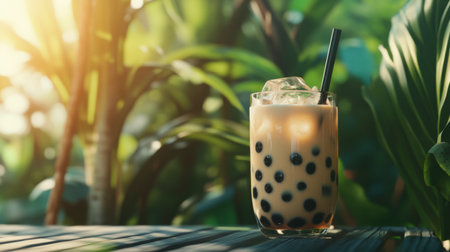 A refreshing bubble tea filled with tapioca pearls sits in a clear glass, surrounded by lush tropical foliage and dappled sunlight, perfect for warm days.の素材