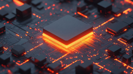 A close-up shot of a glowing microchip with digital lines extending outward, symbolizing the core of a digital network that connects devices and transfers data seamlessly.の素材