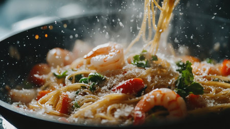 A close-up of spaghetti being tossed with fresh vegetables and shrimp in a sizzling pan, showcasing the vibrant colors and the joy of cooking delicious pasta dishes.の素材