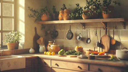 A beautiful setup of a well-organized kitchen with various cooking utensils, fresh produce, and a cook preparing a meal, emphasizing the cooking environment and process.の素材