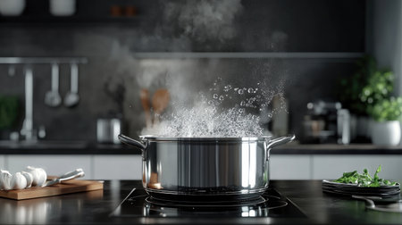 A high-angle view of a stainless steel pot with water coming to a vigorous boil, showing the intense bubbles and steam against a modern kitchen background.の素材