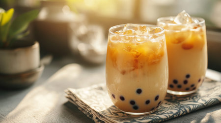 Enjoy a refreshing iced bubble tea featuring tapioca pearls served in elegant glass cups. Perfect for warm afternoons and casual gatherings.の素材