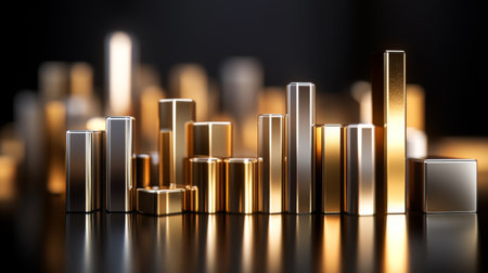 A stunning arrangement of gleaming metallic shapes showcases varying heights and textures. The reflective surfaces create a modern and artistic ambiance, perfect for design inspiration.の素材