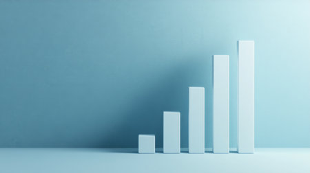 A minimalist growth chart featuring white bars on a calm blue background, symbolizing business progress and success in a modern aesthetic.の素材
