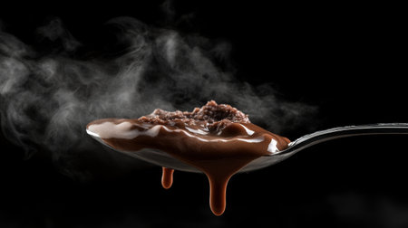 A close-up view of a spoon holding warm chocolate, oozing and steaming on a dark background. The image evokes a rich, indulgent dessert experience.の素材