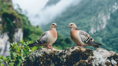 Two stunning birds sit gracefully on a rock amidst a lush green landscape, showcasing the beauty of nature and wildlife. Ideal for nature lovers.の素材
