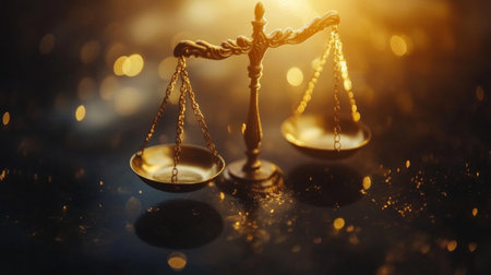 This image features elegant scales of justice in soft golden light, symbolizing fairness and balance in the legal system. Perfect for legal and ethical themes.の素材