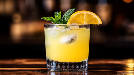 An inviting citrus cocktail featuring fresh lemon and mint garnishes served over ice in a clear glass. Perfect for summer gatherings and celebrations.の素材