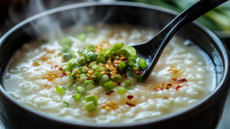 A close-up shot of a spoon scooping hot rice porridge from a bowl, with steam rising and fresh ginger, green onions, and chili flakes sprinkled on top.の素材
