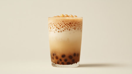 A high-definition shot of a cup of bubble tea with a smooth, creamy layer of milk tea and chewy tapioca pearls, set on a minimalist white backdrop.の素材
