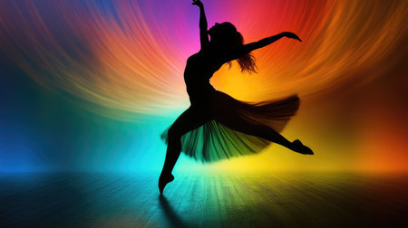 A dynamic image of a dancer in mid-pose, captured as a silhouette against a brightly colored stage light, emphasizing the grace and movement.の素材