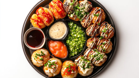 A colorful platter of takoyaki served with dipping sauces and chopped green onions, arranged artistically on a white background, highlighting the vibrant colors and textures.の素材