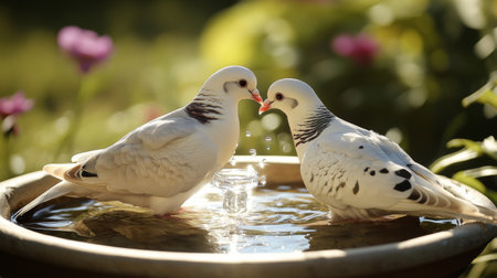 Two graceful birds enjoy a tranquil moment at a fountain in a sunny garden. The scene captures the beauty and serenity of nature, symbolizing companionship.の素材