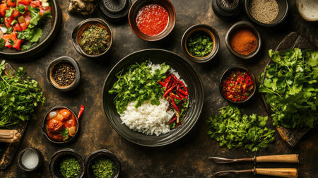 A high-definition image of a meal being garnished with fresh herbs and spices before serving, highlighting the final touches that elevate the dish's presentation.の素材