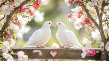 Two beautiful white doves sit close together on a wooden bench, surrounded by colorful blossoms. This serene spring setting captures love and tranquility in nature.の素材