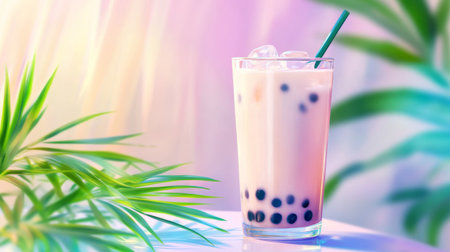 A refreshing bubble tea drink with ice served in a clear glass. Surrounded by tropical palm leaves, this vibrant beverage offers an enticing blend of flavors perfect for warm days.の素材