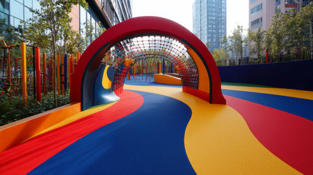 A vibrant urban playground featuring colorful surfaces and unique structures, perfect for children's recreation and imaginative play in a safe environment.の素材
