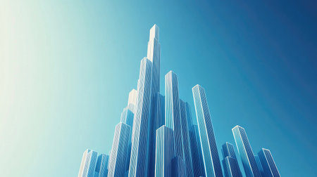 A conceptual shot of a D bar chart in the shape of a rising skyscraper, representing urban growth and economic development, set against a clear blue sky to symbolize ambition and achievement.の素材