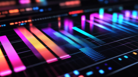 This vibrant sound wave visualization showcases an abstract digital design with colorful patterns and illumination. Perfect for technology and music themes.の素材
