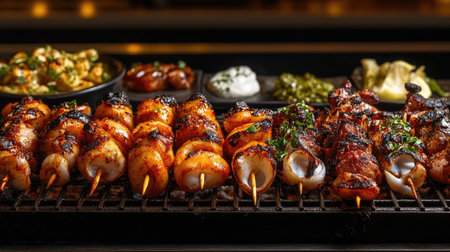A mouthwatering view of a barbecue setup with skewered grilled squid, showcasing the deliciously charred exterior and juicy interior, ready to be enjoyed.の素材