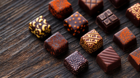 A stunning arrangement of assorted gourmet chocolate confections on a rustic wooden background, perfect for enticing sweet lovers and food enthusiasts.の素材
