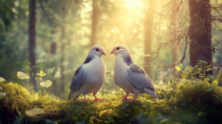 Two beautiful birds share a tender moment in a sunlit forest, surrounded by vibrant greenery and soft moss, capturing the essence of love and tranquility in nature.の素材