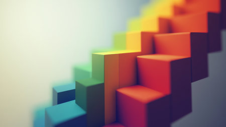 A vibrant 3D representation of colorful steps in a gradient pattern, symbolizing growth and positivity. The design provides a modern and inspiring look.の素材