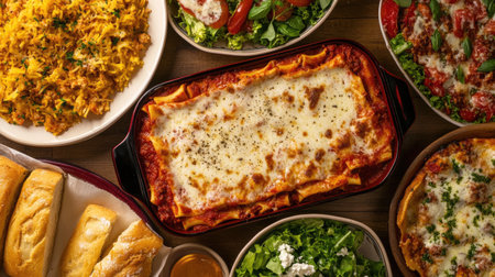 An overhead view of a lively Italian dinner table featuring various dishes like lasagna, garlic bread, and salad, beautifully presented to evoke the warmth of a family gathering.の素材