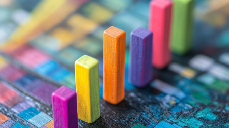 A close-up of colorful wooden blocks arranged on a vibrant abstract background. This image captures creativity, playfulness, and artistic design, ideal for educational materials or decor.の素材