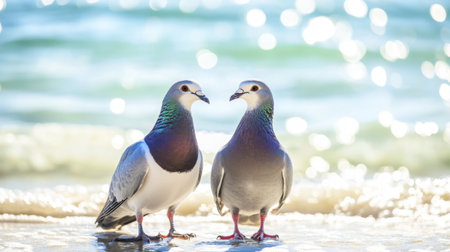 Two vibrant pigeons stand elegantly on a sandy beach, with the shimmering ocean and bokeh effects creating a tranquil backdrop. Perfect scene for nature lovers.の素材
