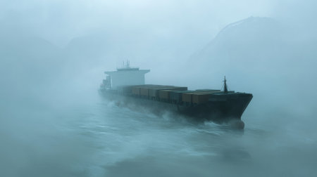 A cargo ship silently sails through dense fog, creating a mysterious scene filled with tranquility and atmospheric beauty. The ship stands strong amidst the misty waters.の素材