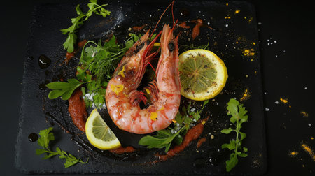 This artistic seafood presentation features fresh shrimp paired with lemon slices and vibrant greens, set on a sleek black slate plate for a modern touch.の素材
