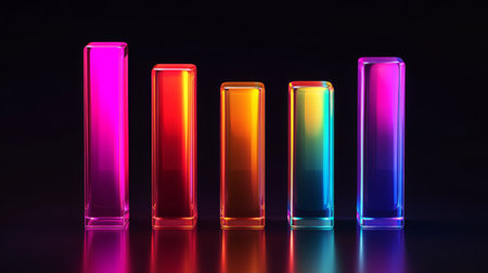 Vivid transparent bars in various colors create an artistic representation of data visualization, showcasing growth with smooth gradients against a sleek background.の素材