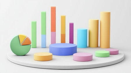 A vibrant and creative 3D representation of various graphs and charts on a minimalist white background, ideal for showcasing data analysis and business presentations.の素材
