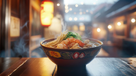 A delicious ramen bowl featuring seafood toppings like shrimp and squid, artfully arranged in the broth, with a blurred background of a traditional Japanese setting for an authentic feel.の素材