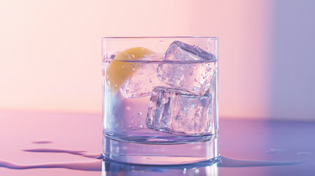 A close-up of a refreshing glass of clear, cool water with ice cubes and a slice of lemon, set against a clean, bright background.の素材