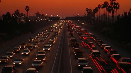 A busy freeway scene at sunset showcasing vibrant colors and light trails from moving vehicles. The silhouette of palm trees adds to the urban atmosphere.の素材
