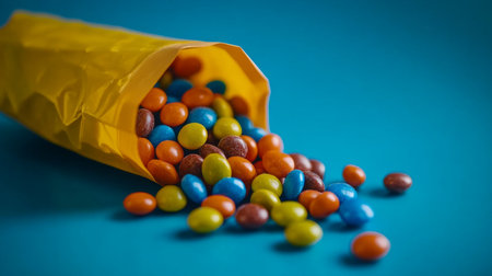 Brightly colored candy spills out of a yellow bag onto a blue surface, creating a cheerful and vibrant visual. Perfect for conveying fun and indulgence!の素材