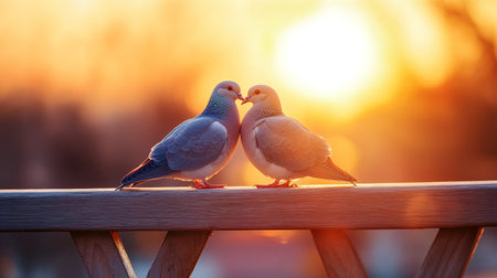 Two doves share a tender moment during sunset, surrounded by warm light. The serene scene captures the essence of love and connection in nature.の素材