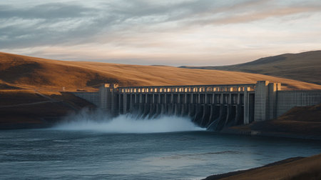 A close-up of the intricate details of a large dam's structure, showcasing the concrete design and water flow, framed by a backdrop of rolling hillsの素材