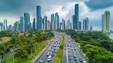A stunning aerial view showcasing a vibrant urban skyline with modern skyscrapers and a busy highway flanked by lush palm trees under a dramatic sky.の素材
