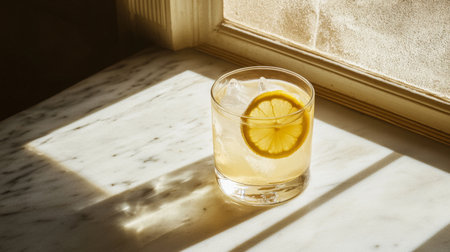 A beautifully styled citrus drink with a lemon slice rests on a marble surface, illuminated by gentle sunlight. Ideal for summer refreshment and relaxation.の素材