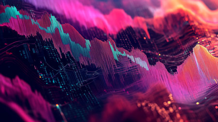 Colorful abstract digital waveform background featuring vibrant hues and dynamic patterns, perfect for technology-themed projects and creative designs.の素材