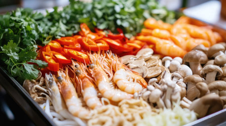 A colorful platter of fresh ingredients for tom yum soup, including shrimp, mushrooms, and herbs, ready to be cooked, highlighting the dish's freshnessの素材